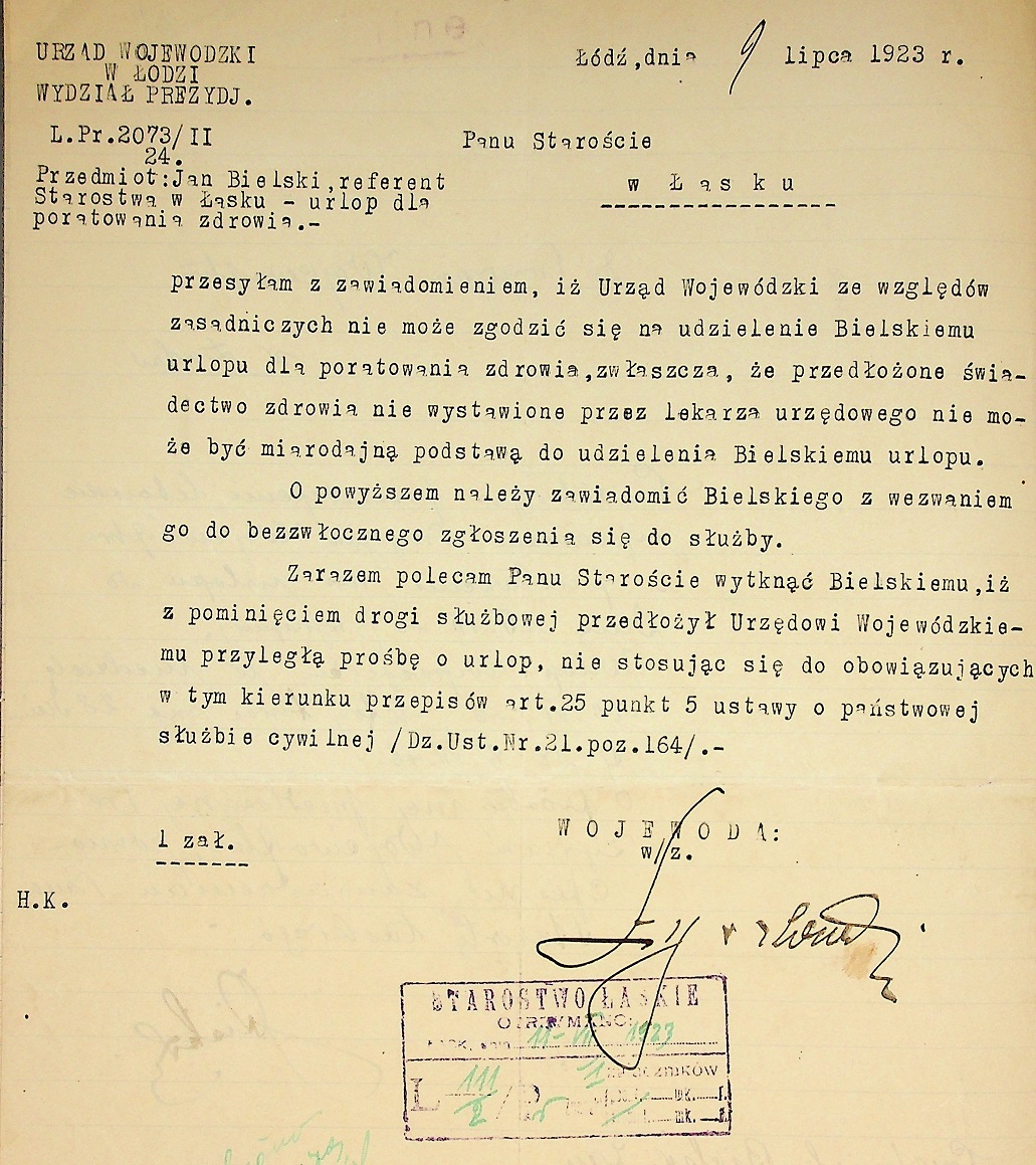 Pismo w sprawie urlopu zdrowotnego na zasadach określonych przepisami służby cywilnej, 1923 r.